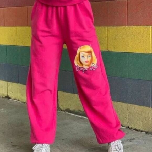 Boys Lie Sz S Ken You Mot Barbie Oversized sweatpants Hot Pink - Picture 1 of 13